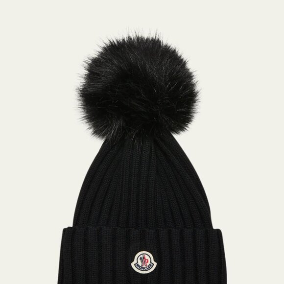 Moncler Ribbed Wool Beanie with Faux Fur Pom - Picture 1 of 7